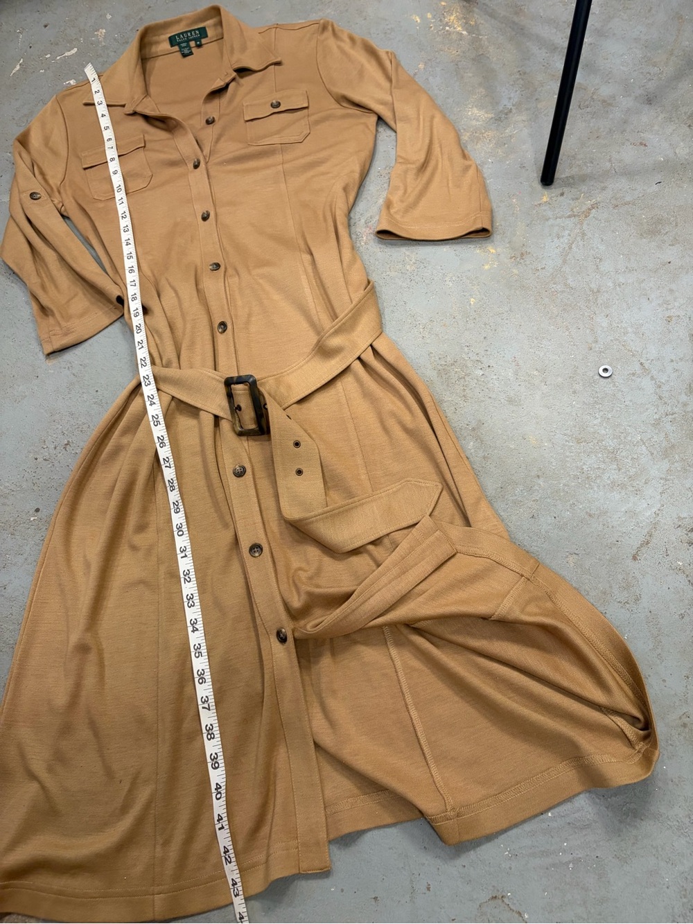 Lauren Ralph Lauren Tan Button-Front Silk blend Belted Shirt Dress - Picture 10 of 13